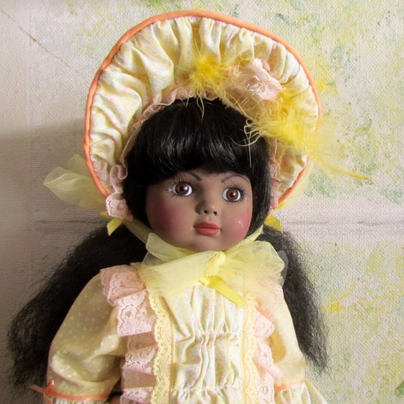 BLACK PORCELAIN DOLL, FANCY BONNET, DRESS, SHOES, 18" EDWARDIAN, ETHNIC, SWEET - Picture 1 of 8